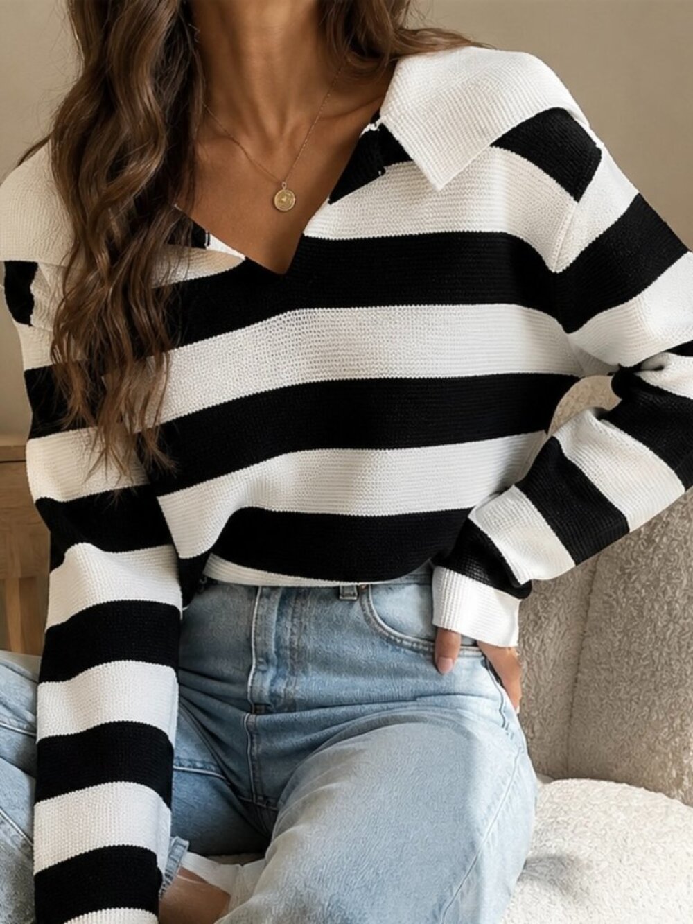 Moon & Madison Black & White Sailor Collar Knit Sweater